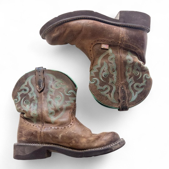 Brown Leather Western Boots with Green Embroidery - Picture 1 of 8